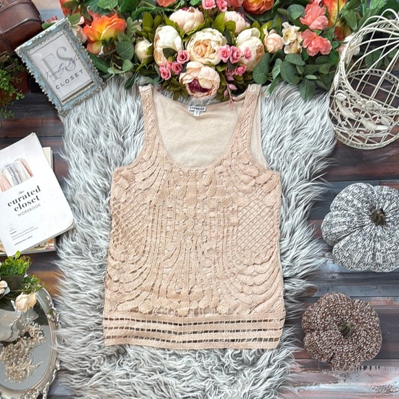 EXPRESS Vintage Y2K Elegant Beige with Metallic gold threaded crochet Top - Picture 3 of 9